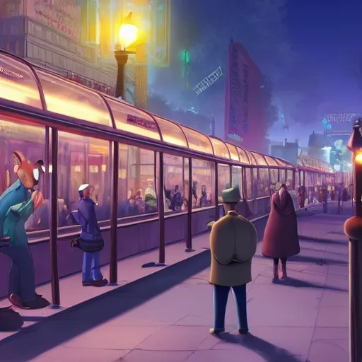 Image similar to few people waiting in a bus stop in dark city night, detailed, high quality, high resolution, screenshot from Zootopia