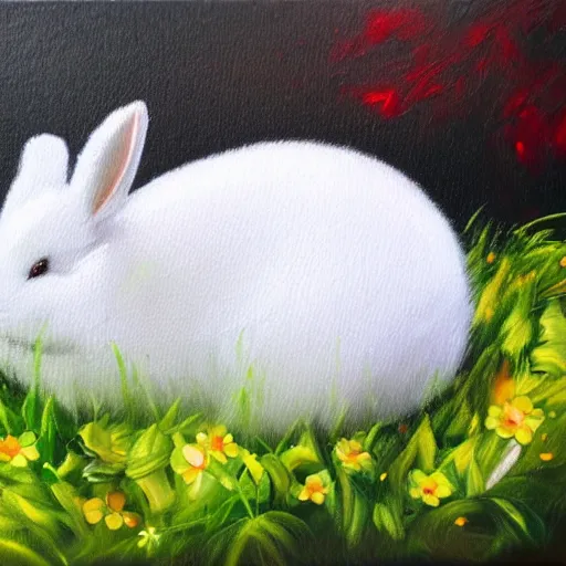 Prompt: detailed oil painting of a fluffy white rabbit sleeping in a patch of green flowers, deep brush strokes, glowing colors, clear resin gloss on canvas,