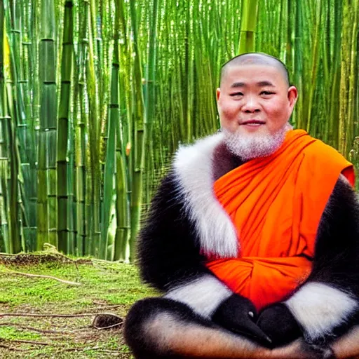 Prompt: a high quality photo of a panda monk, wearing orange clothes, meditating, sitting in front of a temple. bamboo forest in the background.