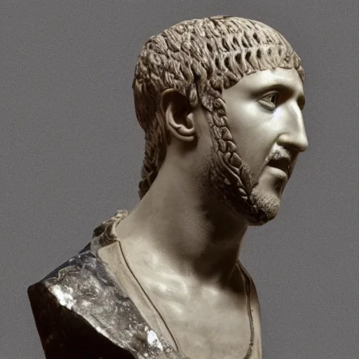 Prompt: a roman bust of Nicolas Cage wearing headphones listening to music, in the stule of vaporwave