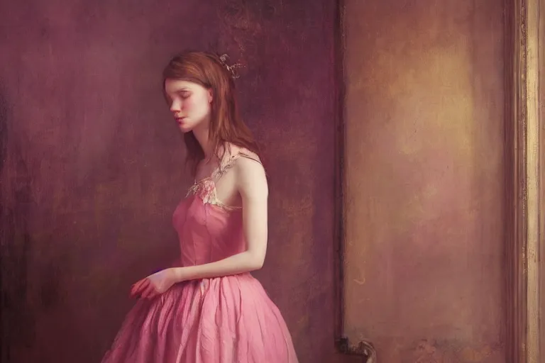 Image similar to A girl in a pink dress in a Gothic atelier, oil painting, detailed, colorful, glowing lighting, 4k, depth of field, in the style of Yanjung Chen and Tom Bagshaw,