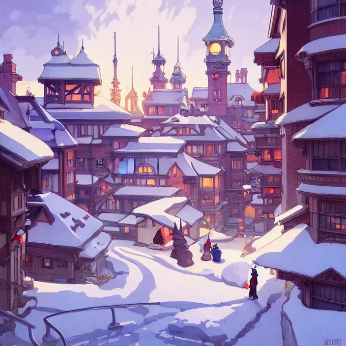 Image similar to canadian city, winter, in the style of studio ghibli, j. c. leyendecker, greg rutkowski, artem