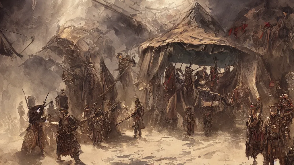 Image similar to armed group of turkic people talking inside of an ornate tent, papyrus, dark colors, watercolored, jakub rozalski, dieselpunk, artstation