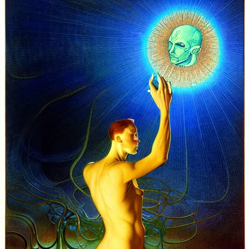 Image similar to realistic extremely detailed portrait painting of a glowing male silhouette, futuristic sci-fi landscape on background by Jean Delville, Amano, Yves Tanguy, Alphonse Mucha, Ernst Haeckel, Edward Robert Hughes, Roger Dean, rich moody colours, blue eyes