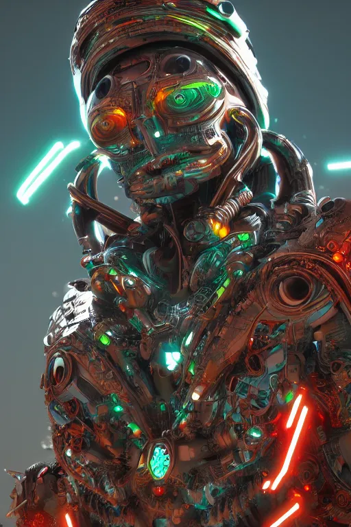 Prompt: a shamanic cyborg made from intricate alien technology in futuristic dreamscape detailed artwork, extremely detailed and high quality, global illumination, octane render, digital art trending on artstation