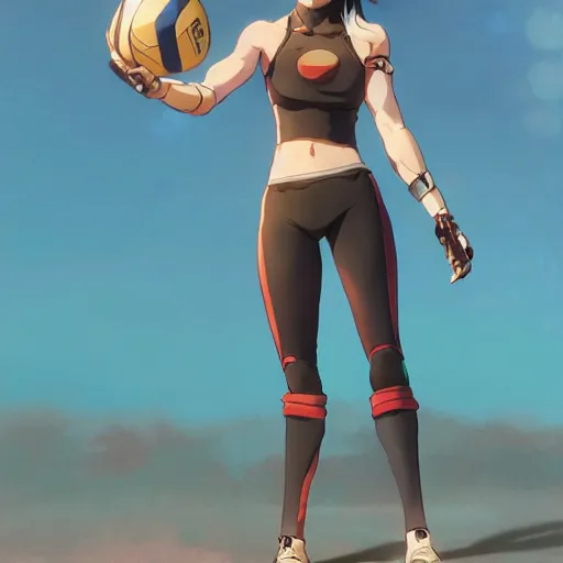 Prompt: anime style, realistic lighting, realistic anatomy, solid colors, made by akio watanabe and greg rutkowski, safebooru, from overwatch, portrait of female beach volley player, standing pose, futuristic glasses lenses, sport clothing, simple background