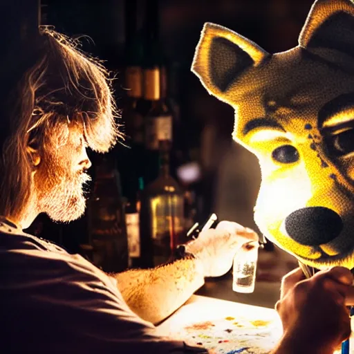 Image similar to photo portrait of drunk hobo artist drawing furries for booze, symmetry, awesome exposition, very detailed, highly accurate, intricate, professional lighting diffracted lightrays, 8 k, sense of awe