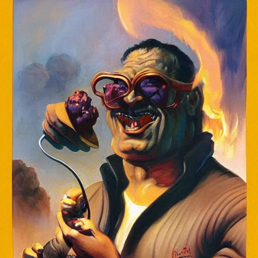 Prompt: balrog in sunglasses eating ice cream cone, painting by boris vallejo, frank frazetta, and rembrandt