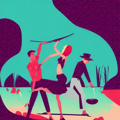 Image similar to a colorfully detailed comic noir illustration of tango dancers in a desert beach oasis by Sachin Teng, dark vibes, high contrast, pastel lighting, cinematic, depth of field, 8k