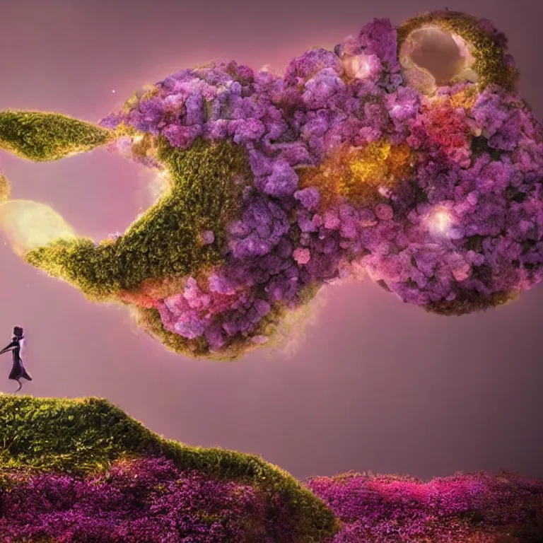 Image similar to a planet of various flowers, fungus and plants, in which the singular human figure is dressed in something magical and impressive, inside the picture is infinity, sunset light, Atmospheric phenomenon, artistic photography, muted colors, conceptual, long exposure outside the city, volumetric light