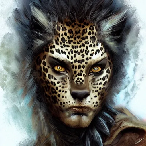 Image similar to Warlock with leopard traits. Character portrait, face close-up, of an anthro leopard warlock in the style of Bastien Lecouffe-Deharme