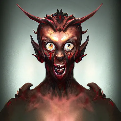 Image similar to portrait of a surprised demon, concept art, digital art, highly detailed