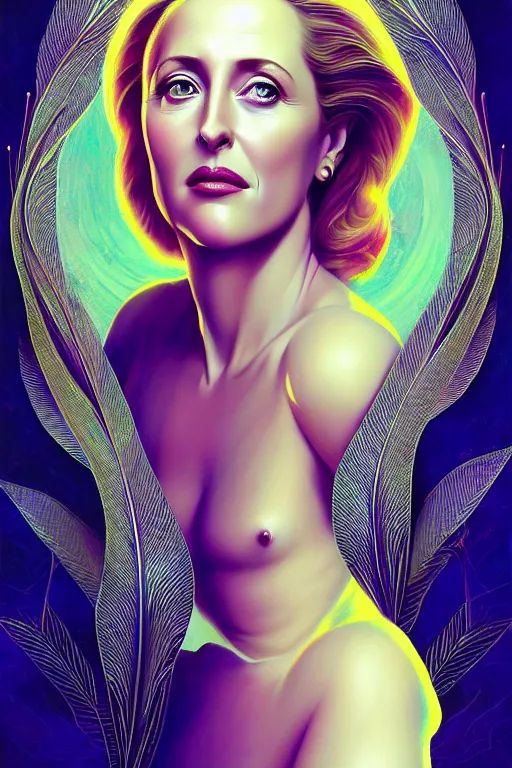 Image similar to young gillian anderson portrait, art deco, fantasy, intricate art deco leaf designs, elegant, highly detailed fractals, sharp focus, art by artgerm and beeple and greg rutkowski and wlop