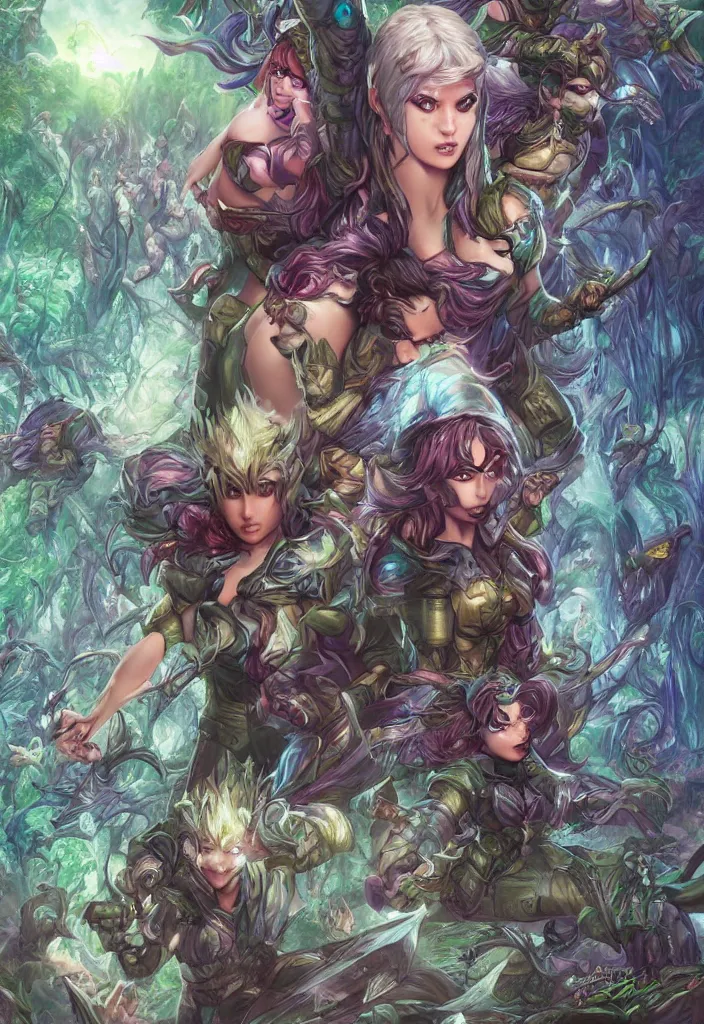 Image similar to comic book cover, fantasy crystal forest ,highly detailed, professional digital painting, Unreal Engine 5, illustration, HD quality, 8k resolution, cinema 4d, cinematic, professional photography, art by artgerm