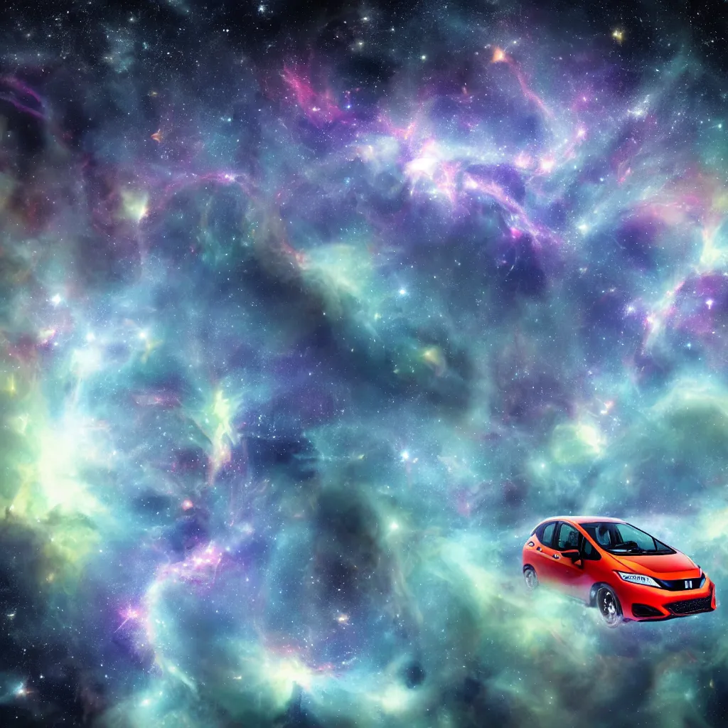 Prompt: honda fit flying through deep space, nebula, stars, planets, high quality photo