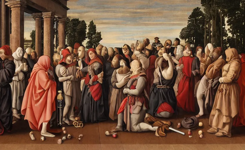 Prompt: renaissance style, mass group of people in masks praying to a giant syringe.