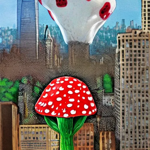 Image similar to a giant amanita muscaria in the mew York skyline, photorealistic