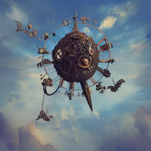 Prompt: flying city in a bronze tulip, sky, steampunk!!!, fantasy art, steampunk, masterpiece, octane