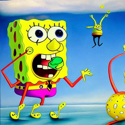 Prompt: detailed realistic surrealist painting of spongebob and patrick, in the style of salvador dali
