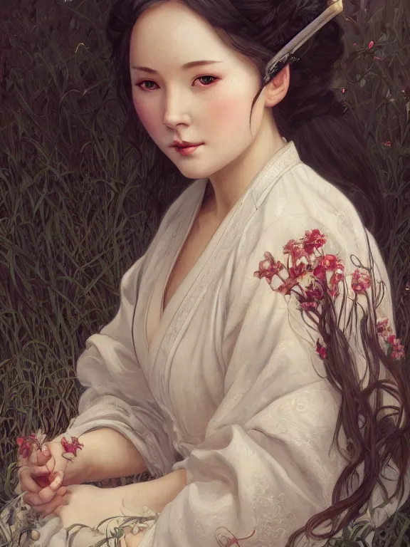 Image similar to portrait of a beautiful seductive slightly plump european girl wearing hanfu, farm background, fantasy, d & d, dark eyeliner, intricate, elegant, highly detailed, digital painting, artstation, concept art, matte, sharp focus, illustration, art by greg rutkowski and alphonse mucha