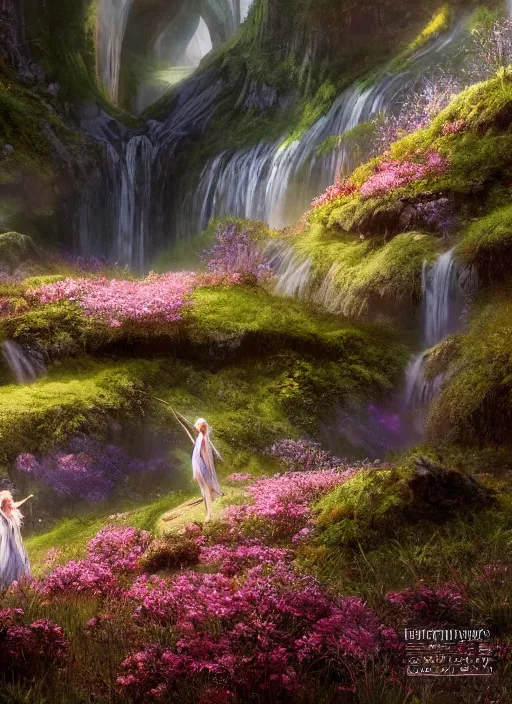 Image similar to an elegant fairy playing in the distance, lord of the rings scenery landscape, a vast lush valley flowers and mushroom structures, stream, sunrise, god's rays highly detailed, vivid color, cinematic lighting, perfect composition, 8 k, gustave dore, derek zabrocki, greg rutkowski, belsinski, octane render