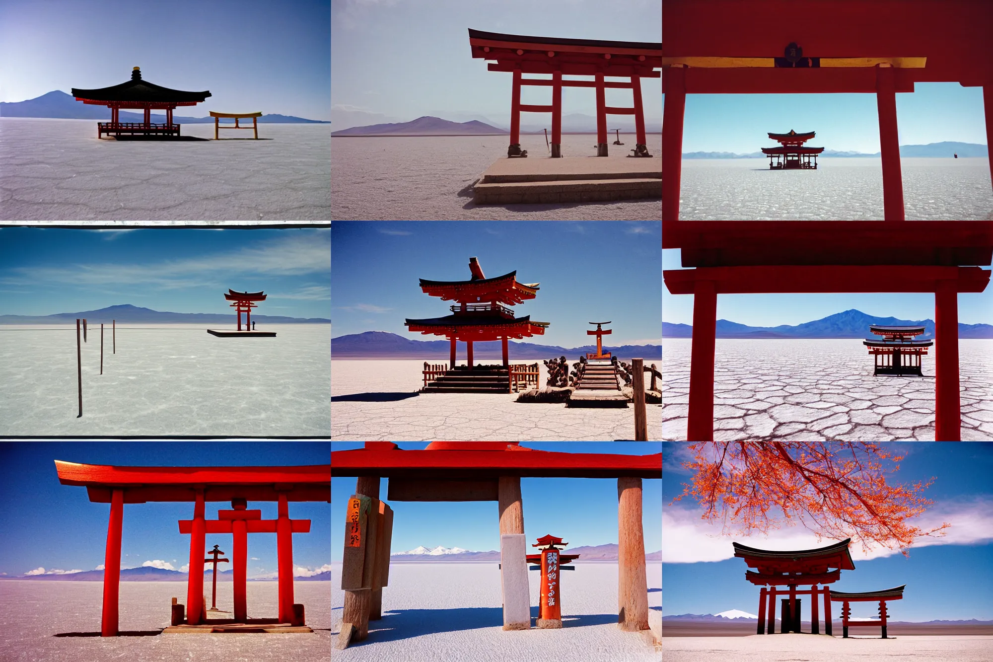Prompt: a shinto shrine in salar de uyuni salt flats, kodak gold 1 0 0, perspective correction