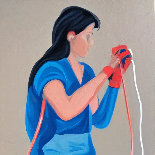 Prompt: woman building electrical wiring, soft lighting, acrylic on canvas