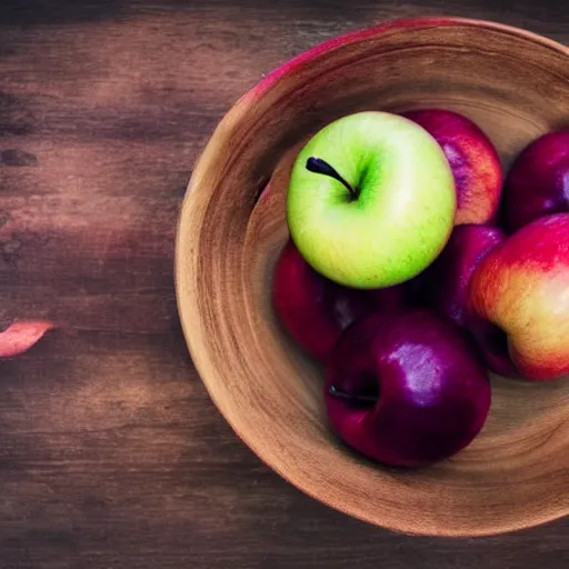 Image similar to of a purple apple in bowl of red apples
