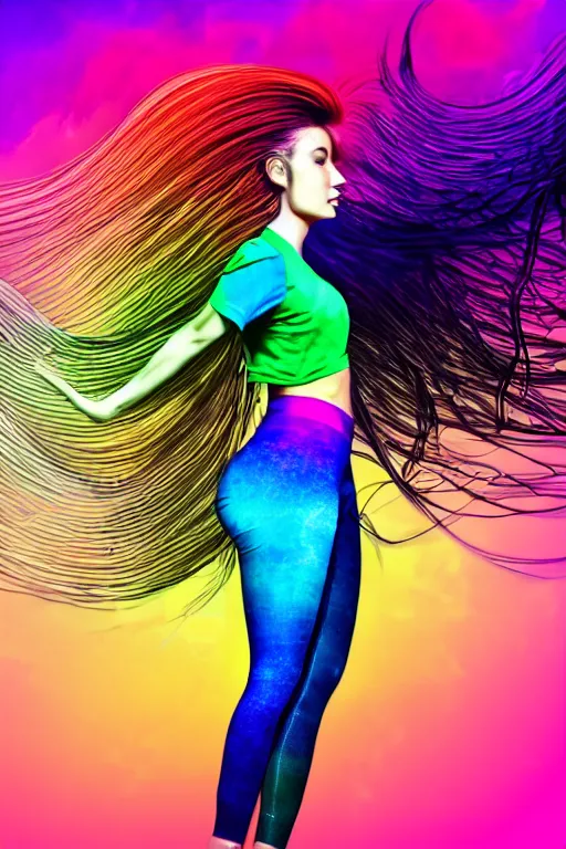 Image similar to a award winning half body portrait of a beautiful woman with stunning eyes in a croptop and leggings with reinbow colored ombre hairstyle head in motion and hair flying while dancing by thomas danthony, surrounded by whirling illuminated lines, outrun, vaporware, shaded flat illustration, digital art, trending on artstation, highly detailed, fine detail, intricate