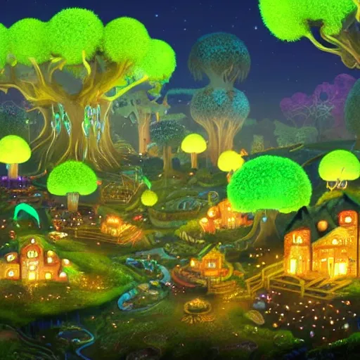 Image similar to bioluminescent forest village