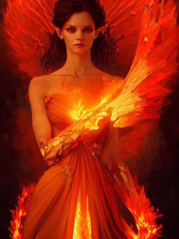 Image similar to portrait of a fire fairy, dress made of fire, fiery wings, obsidian skin, red eyes, highly detailed, detailed face, smooth, sharp focus, chiaroscuro, digital painting, artgerm and greg rutkowski and alphonse mucha