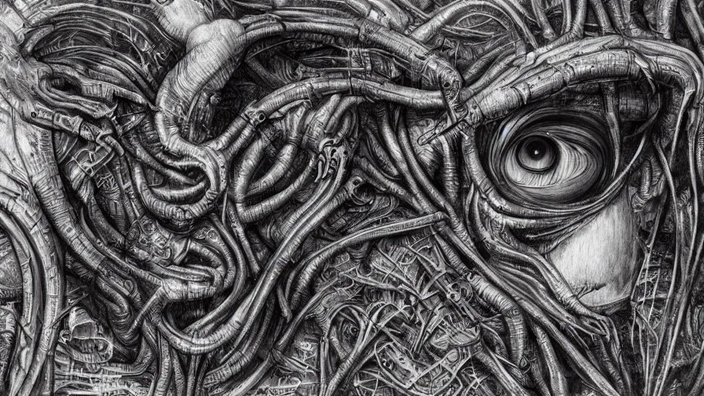 Image similar to Heart of the internet, style of Giger, H. R. GIGER, 4K, highly detailed, minimalistic