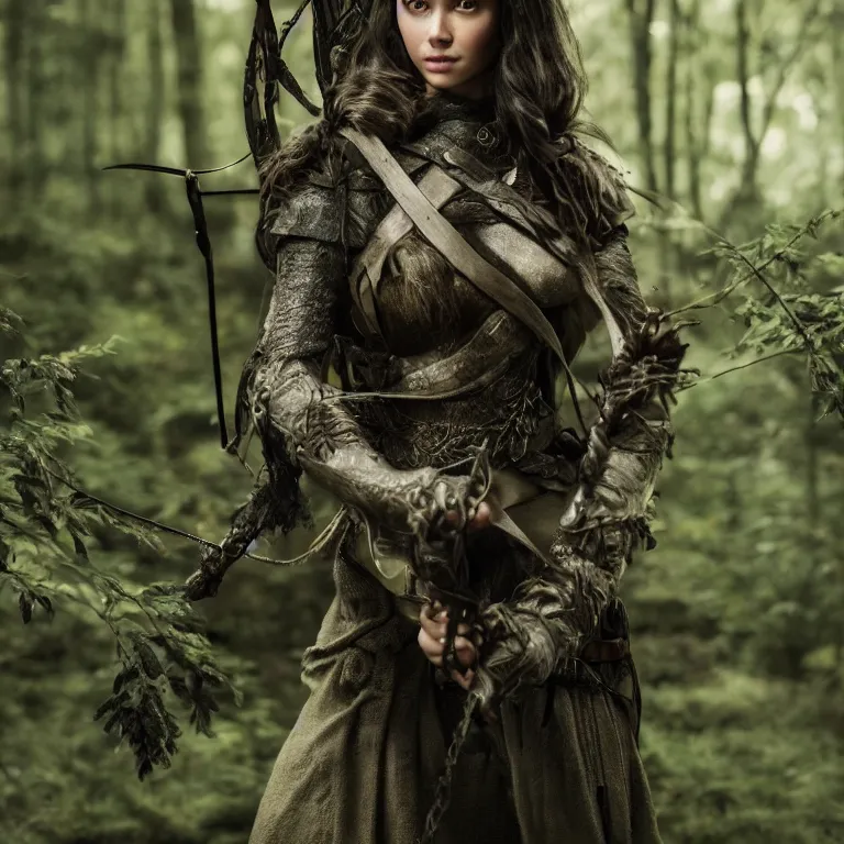 Image similar to 5 5 mm portrait photo of an armored gorgeous anesthetic dark haired woman archer, in a magical forest in the style of lord of the rings, highly detailed 8 k. intricate. lifelike. soft light. nikon d 8 5 0. cinematic post - processing