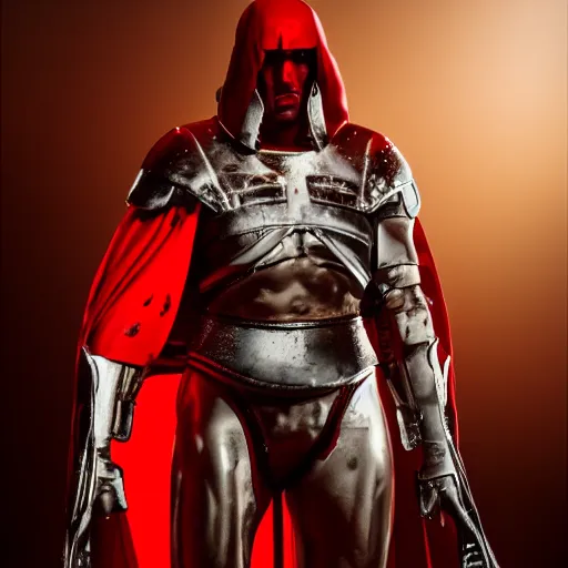 Prompt: a tall muscular soldier, wearing blood - spattered glossy sleek white dinged scuffed armor and a long torn red cape, heroic posture, determined expression, no helmet, on the surface of mars, dramatic lighting, cinematic, sci - fi, hyperrealistic, detailed