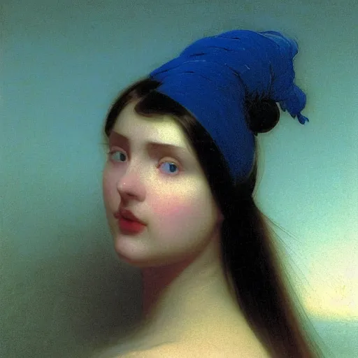 Image similar to a young woman's face, her hair is white and she wears a cobalt blue satin cloak, by ivan aivazovsky and syd mead and moebius and gaston bussiere and roger dean and pieter claesz and paul delaroche and alma tadema and aelbert cuyp and willem claesz, hyperrealistic, volumetric light, octane render