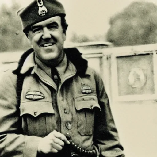 Image similar to Jeremy Clarkson as a soldier during WW2, grainy monochrome accurate photo