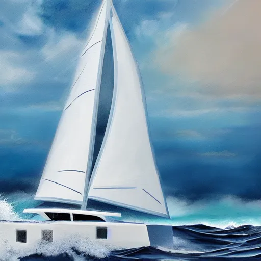 Prompt: catamaran yacht on the ocean during a storm painting, 4 k, hyper realistic, dslr, high resolution, landscape, beautiful