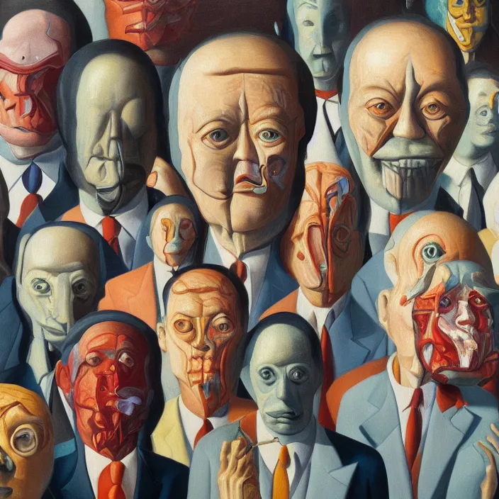 Image similar to group of people pictured in afternoon light, close - up of the faces, anatomically and proportionally correct, surrealist oil painting by james jean, dora maar and rene magritte, detailed, cgsociety,