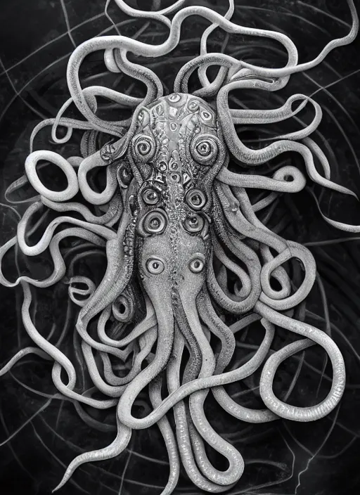 Image similar to hyper realistic photography of intricate deep sea medusa squid hybrid cinematic, symmetric detailed,