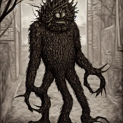 Prompt: a tree monster in a dark alley way