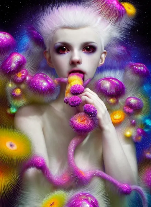 Image similar to hyper detailed 3d render like a Oil painting - kawaii portrait Aurora (white haired Singer Ferret) seen Eating of the Strangling network of yellowcake aerochrome and milky Fruit and Her delicate Hands hold of gossamer polyp blossoms bring iridescent fungal flowers whose spores black the foolish stars by Jacek Yerka, Mariusz Lewandowski, Houdini algorithmic generative render, Abstract brush strokes, Masterpiece, Edward Hopper and James Gilleard, Zdzislaw Beksinski, Mark Ryden, Wolfgang Lettl, hints of Yayoi Kasuma, octane render, 8k