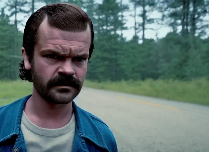 Image similar to film still of jim hopper as steve harrington in stranger things, 8 k