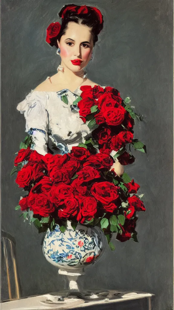 Image similar to portrait of rebekah delrio in lynch pattern, big persian detailed pot of red roses, blue and red lights painted by john singer sargent