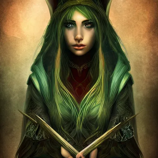 Image similar to A portrait of a beautiful elf, fantasy art, clean digital art, clean background, D&D art style, dark feeling, chill feeling