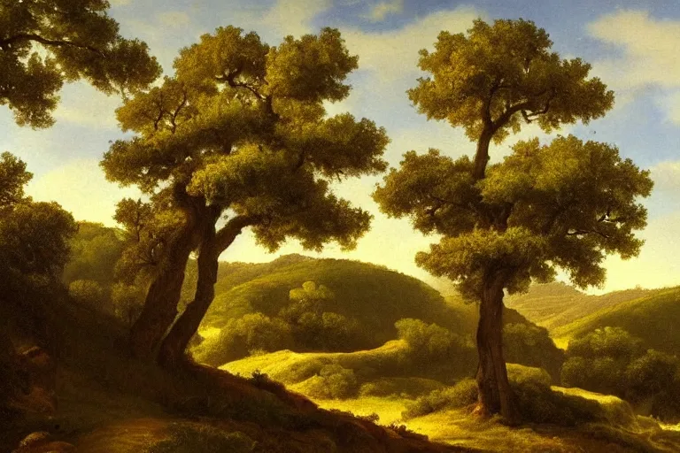 Prompt: masterpiece painting of oak trees on a hillside overlooking a creek, dramatic lighting, by lemoine fitzgerald