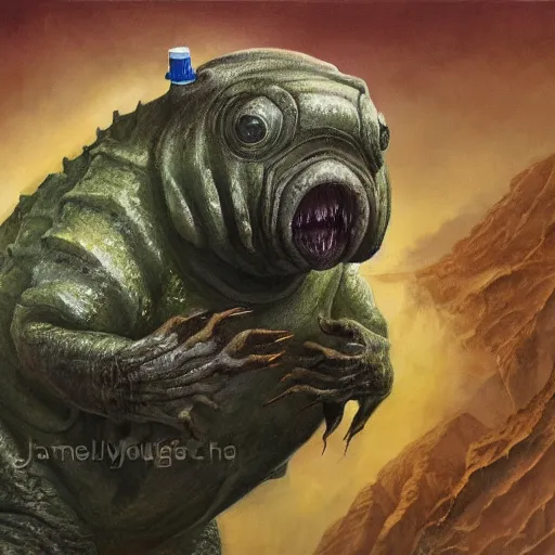 Image similar to realistic painting of a tardigrade kaiju, with 6 legs, by james gurney, smiley, godzilla, vintage, concept art, winner