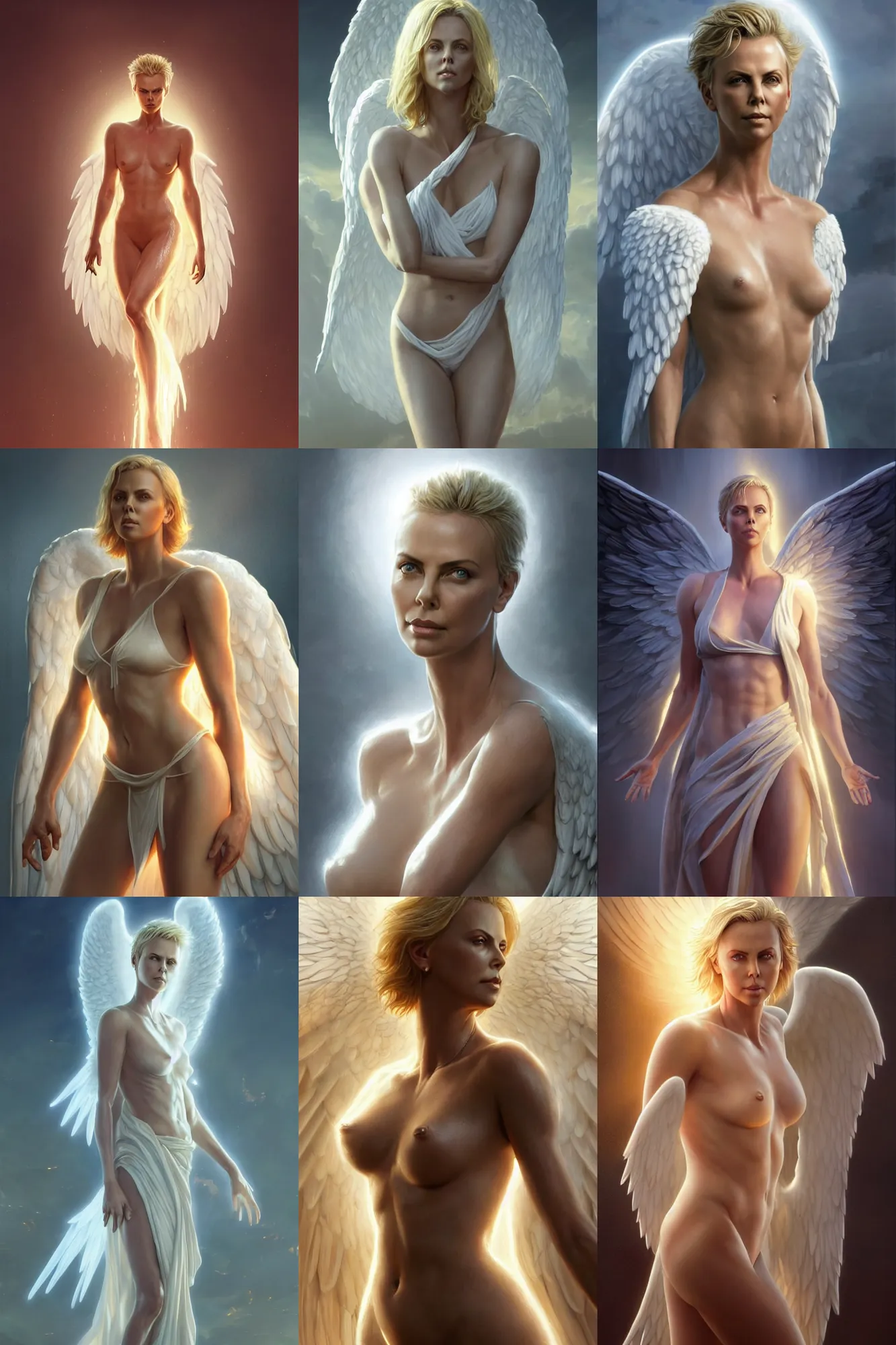 Prompt: charlize theron as a heavenly angel, anatomy, bathed in light, highly detailed, photorealistic, artstation, smooth, sharp focus, illustration, disrobed, unreal engine 5, 8 k, art by artgerm and greg rutkowski and edgar maxence