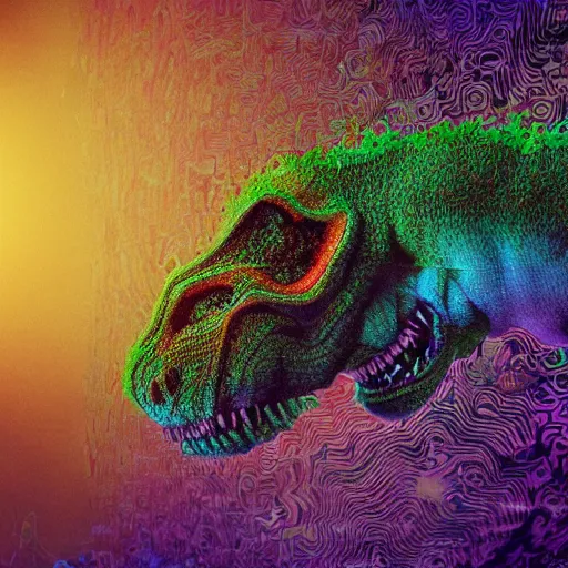 Image similar to t - rex drinking a giant ipa, hop plants everywhere, intricate complexity, inverted rainbow drip paint, psychedelic glitch art, trending on art station, photoreal, 8 k, octane render