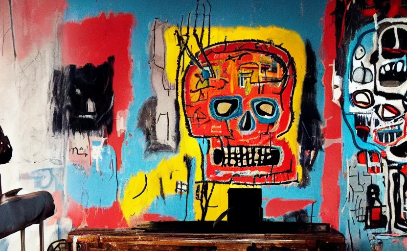 Prompt: photograph of basquiat skull machine perfect composition masterpiece dramatic lighting