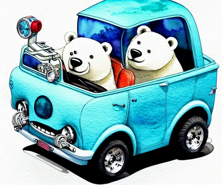 Image similar to cute and funny, polar bear driving a tiny black hot rod with an oversized engine, ratfink style by ed roth, centered award winning watercolor pen illustration, isometric illustration by chihiro iwasaki, edited by craola, tiny details by artgerm and watercolor girl, symmetrically isometrically centered